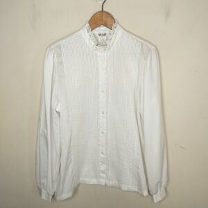 Vintage Rhoda Lee White Button Up Shirt Lace Collar Pintuck Pleat